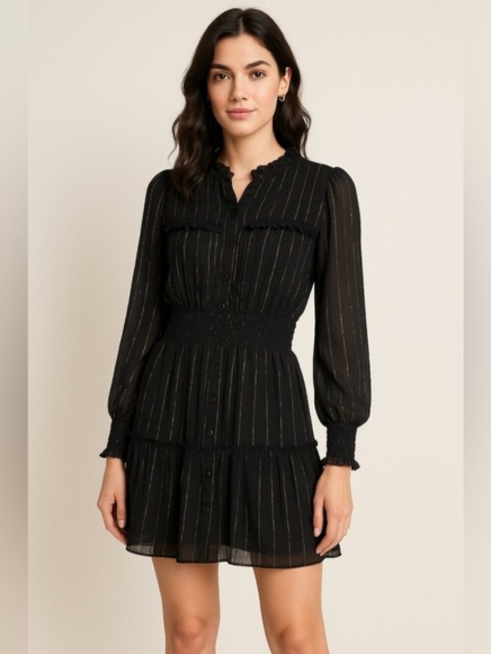 Guillaume Black Metallic Thread Long Sleeve Mini Dress XS